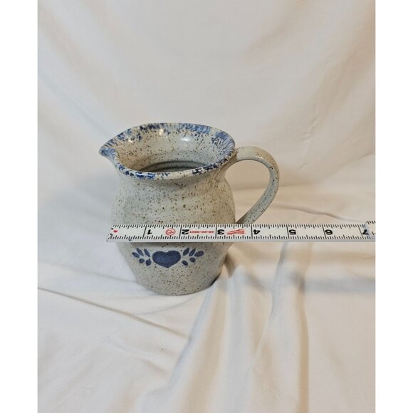 Vintage Speckled Stoneware Creamer Pitcher With Heart & Blue Floral Design - Picture 6 of 9